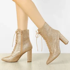 Allegra K Women's Glitter Pointed Toe Block Heel Ankle Boots