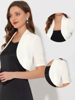 Allegra K Women's Cropped Open Front Ruched Short Sleeve Bolero Shrugs