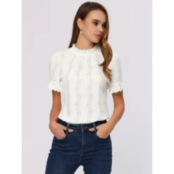 Allegra K Women's Crochet Eyelet Top Mock Neck Puff Sleeve Ruffle Casual Embroidery Blouse -Allegra K GUEST 9a942b11 b164 4f2c b935 6e731a811bc8