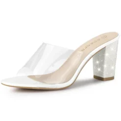 Allegra K Women's Clear Glitter Chunky Heels Slide Heel Sandals -Allegra K GUEST 9b6ce437 b3d1 4a85 b5bc facdf66b668c