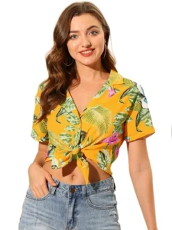 Allegra K Women's Hawaiian Floral Leaves Printed Short Sleeve Button Down Vintage Beach Shirt -Allegra K GUEST 9bb583ec a569 4806 885a 778ef5001e06