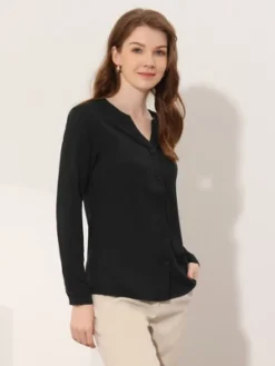 Allegra K Women's V Neck Roll Up Sleeve Button Up Work Shirt Blouse -Allegra K GUEST 9bd5d71e da9b 4d00 8b81 f65d76cb7543