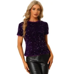 Allegra K Women's Sequin Velvet Crew Neck Short Sleeve T-shirt -Allegra K GUEST 9c4b1824 e9a1 4a95 a47c 70faec3de8bf