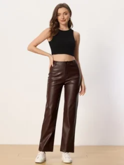Allegra K Faux Leather Pants For Women's High Waist Straight Leg Casual PU Punk Trousers -Allegra K GUEST 9c84558d fae4 4e5e 902f 6307c20681df