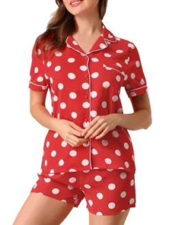 Allegra K Womens Short Sleeve Notch Collar Piped Button Down Sleepwear Polka Dots Pajama Sets -Allegra K GUEST 9cf311a9 06a8 4ad3 ac59 bdaf3b362b4e