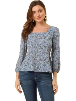 Allegra K Women's Floral Print Belted Waist Square Neck Vintage Peplum Blouse -Allegra K GUEST 9d606092 509f 4d5e 920a d3e9b5a59f5b