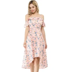 Allegra K Women's Spaghatti Straps Ruffled Sleeves Asymmetrical High Low Floral A-Line Midi Dress