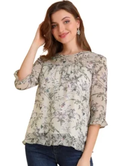 Allegra K Women's Casual Round Neck Ruffle 3/4 Sleeve Floral Print Chiffon Blouse -Allegra K GUEST 9d6ac21e da50 4b9a 8a26 06219dacdceb