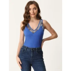 Allegra K Women's V Neck Sleeveless Shirt Sequin Trim Colorblock Tank Shirt Top