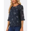 Allegra K Women's Casual Round Neck Ruffle 3/4 Sleeve Floral Print Chiffon Blouse