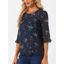 Allegra K Women's Casual Round Neck Ruffle 3/4 Sleeve Floral Print Chiffon Blouse