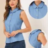 Allegra K Women's Casual Tops Sleeveless Button Down Peter Pan Collar Chambray Shirt