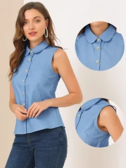 Allegra K Women's Casual Tops Sleeveless Button Down Peter Pan Collar Chambray Shirt