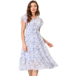 Allegra K Women's Floral Chiffon Elastic Waist V Neck Ruffled Hem Dress -Allegra K GUEST 9da693e8 1b84 408a 8421 0fe0cda9bdbd