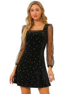Allegra K Women's Mesh Sheer Puff Long Sleeve Square Neck Glitter Star Mini Velvet Dress -Allegra K GUEST 9de8b411 61cc 454d 96a5 d8c89a0bdbc3