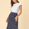 Allegra K Women's Floral Ruffle Elastic High Waist Button Flowy Split Midi Skirt