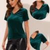 Allegra K Women's Baisc V Neck Velvet Short Sleeve T-Shirt