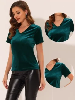 Allegra K Women's Baisc V Neck Velvet Short Sleeve T-Shirt