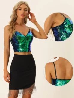 Allegra K Sequin Cami Top For Women's Spaghetti Strap Club Party Crop Tank Tops