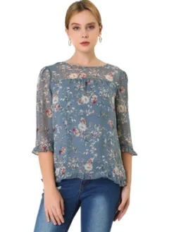 Allegra K Women's Casual Round Neck Ruffle 3/4 Sleeve Floral Print Chiffon Blouse -Allegra K GUEST 9f394060 8874 4963 a9aa 48b7653e259c