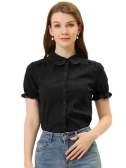 Allegra K Women's Collared Frilled Short Sleeve Solid Shirts -Allegra K GUEST 9f5ca314 497a 49d2 8c76 8a97fad30567