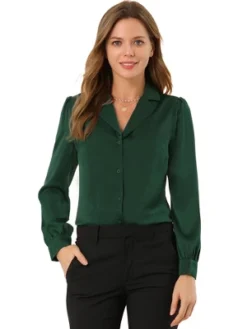 Allegra K Women's Elegant Collar V Neck Long Sleeve Work Office Satin Button Down Shirt -Allegra K GUEST 9fb4f73f 02a3 482e 89fe 5ae30b90217c