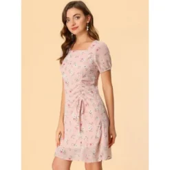 Allegra K Women's Floral Square Neck Short Sleeve Drawstring Ruched Dress -Allegra K GUEST 9fd907e7 7327 4f43 8b81 f844e87d958f