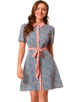 Allegra K Women's Short Sleeve Contrast Collar Belted Floral Shirt Dress -Allegra K GUEST a009b3de 3a35 4b3c 940f 0bfb02f72f8c
