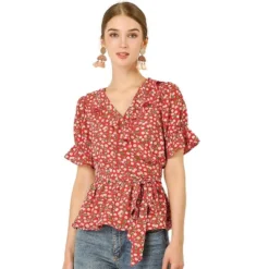 Allegra K Women's Peplum Waist Sweet Cherry Floral Crossover V Neck Ruffle Wrap Blouse -Allegra K GUEST a00a9254 676f 4085 bc41 9f91d52ea7e7