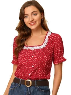 Allegra K Women's Square Neck Button Ruffle Sleeve Love Heart Printed Blouse Top -Allegra K GUEST a0114e4c 5182 4a15 af2c 377088a8560f