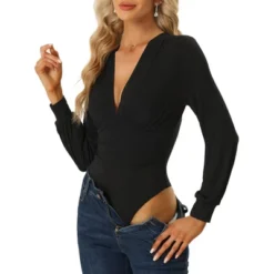 Allegra K Women's Deep V Neck Long Sleeve Ruched Stretchy Bodysuit -Allegra K GUEST a0118506 2f13 4f8e 91a7 be5c9efab145