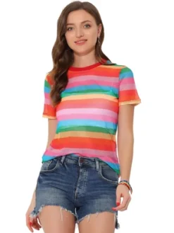 Allegra K Women's Rainbow Blouse Short Sleeve Mesh Sheer Stripe T-Shirt -Allegra K GUEST a02babf1 e196 4ad8 8534 1e5173818273