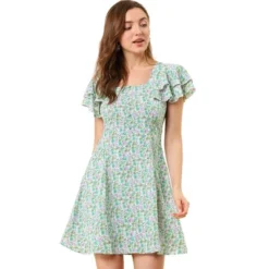 Allegra K Women's Ruffled-Sleeve Square Neck Pleated Casual Floral Mini Dress -Allegra K GUEST a0768ab4 0133 46b8 bbcb 13fa53e56620