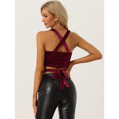 Allegra K Women's Party Velvet Sleeveless Spaghetti Strap Deep V Crop Cami Tank Top 2 Allegra K Women's Party Velvet Sleeveless Spaghetti Strap Deep V Crop Cami Tank Top - Image 2