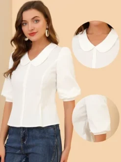 Allegra K Women's Sweet Short Bubble Sleeve Peter Pan Collar Peplum Blouses