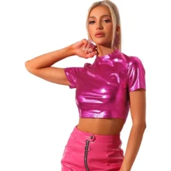 Allegra K Women's Party Short Sleeve Mock Neck Metallic Crop Top -Allegra K GUEST a1777aaf 96af 4b38 b065 d6f5b4417f5c