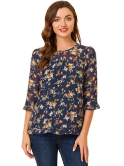 Allegra K Women's Casual Round Neck Ruffle 3/4 Sleeve Floral Print Chiffon Blouse -Allegra K GUEST a1997efa f5cf 4833 8a75 fd26b05e56df