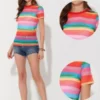 Allegra K Women's Rainbow Blouse Short Sleeve Mesh Sheer Stripe T-Shirt