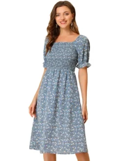 Allegra K Women's Square Neck Puff Sleeves Casual Midi Smocked Floral Dress -Allegra K GUEST a415d3e9 2f46 4651 93a9 cd3f263b5339
