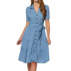 Allegra K Women's Summer V Neck Short Sleeve Button Down Tie Waist Chambray Shirt Dress -Allegra K GUEST a45eb67a 762c 41a6 9431 ab96f56d0825