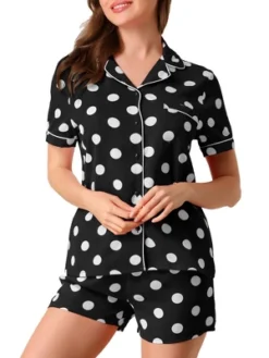 Allegra K Womens Short Sleeve Notch Collar Piped Button Down Sleepwear Polka Dots Pajama Sets -Allegra K GUEST a4706a05 3ba0 4305 a8f5 0633d89a57ca