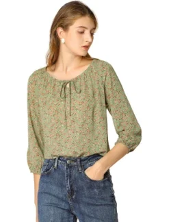 Allegra K Women's Bow Tie Round Neck 3/4 Raglan Sleeve Floral Blouse Tops -Allegra K GUEST a4d51296 40ab 4032 9a6b 47dc07eb18e7