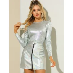 Allegra K Women's Long Sleeve Sparkly Party Glitter Shiny Metallic Tops