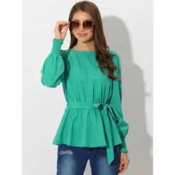 Allegra K Women's Dressy Belt Tie Waist Puff Long Sleeve Work Peplum Blouse