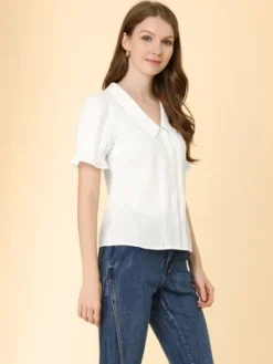 Allegra K Women's Pleated Short Sleeve V Neck Button Down Shirts -Allegra K GUEST a663dfeb 2341 4eb5 94cd 822ea804f067