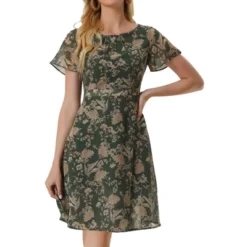 Allegra K Women's Floral Casual Pleated Neckline Below Knee Flutter Sleeve Dress -Allegra K GUEST a68f10e9 01bc 45c5 a350 be97589db619