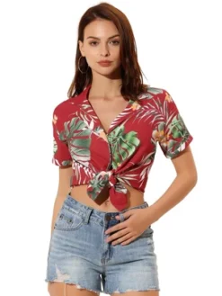 Allegra K Women's Hawaiian Floral Leaves Printed Short Sleeve Button Down Vintage Beach Shirt -Allegra K GUEST a6db0d2e f469 4aa6 9bb9 40312a945384