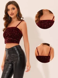 Allegra K Women's Velvet Spaghetti Strap Club Party Crop Sequined Cami Top