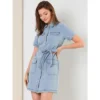 Allegra K Women's Jean Casual Collared Belted Button Down Denim Shirt Dress