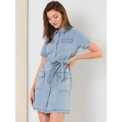 Allegra K Women's Jean Casual Collared Belted Button Down Denim Shirt Dress